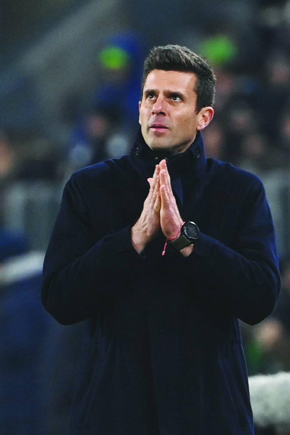 (FILES) Juventus' Italian coach Thiago Motta gestures during the Italian Serie A football match between Juventus and AC Milan at the Allianz stadium in Turin, on January 18, 2025. Thiago Motta was sacked as Juventus coach on Sunday after less than one season in charge with former player Igor Tudor replacing him, the Italian giants announced on March 23, 2025. (Photo by Isabella BONOTTO / AFP)