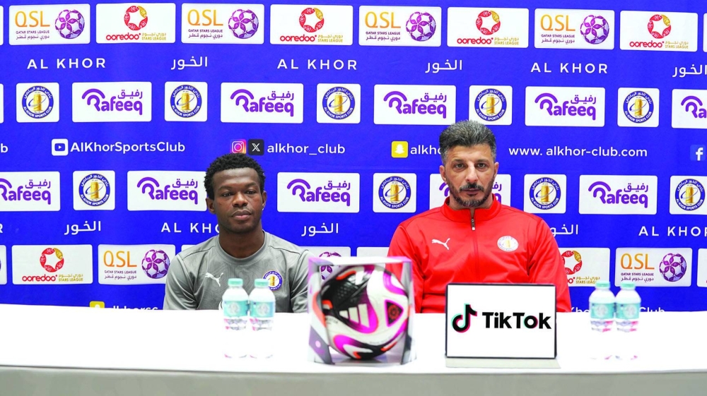 Al Khor coach Salam Shaker addresses the media on Thursday, on the eve of their match against Umm Salal.