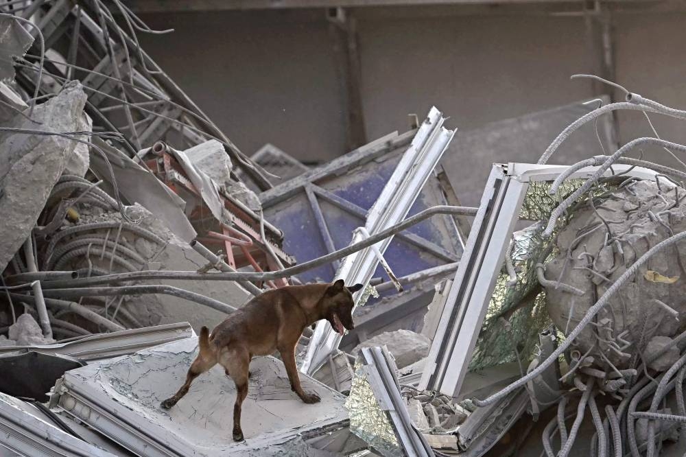 A search and rescue dog climbs on the rubble as recovery teams try to find trapped people at the site of an under-construction building collapse in Bangkok on Saturday. AFP