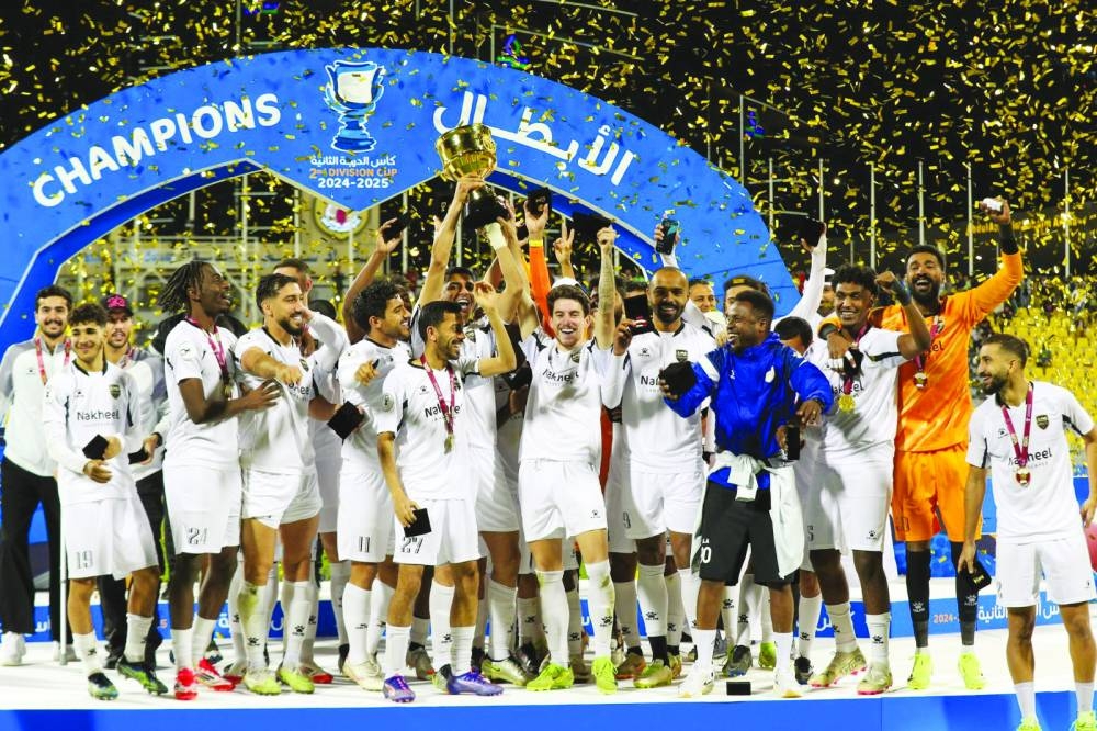
Al Bidda players celebrate after winning the Qatar Second Division Cup defeating Al Sailiya 2-0 in the final at Suhaim Bin Hamad Stadium. 