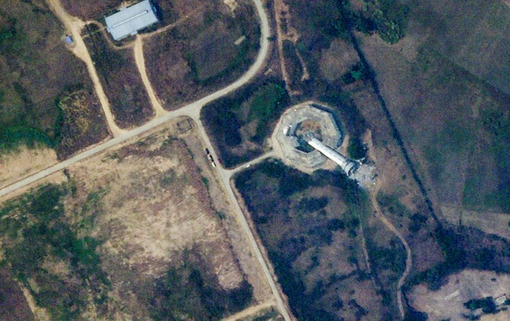 A satellite image shows a collapsed control tower, following a strong earthquake, at the airport in Naypyidaw, Myanmar March 29.  Planet Labs PBC/Handout via REUTERS 