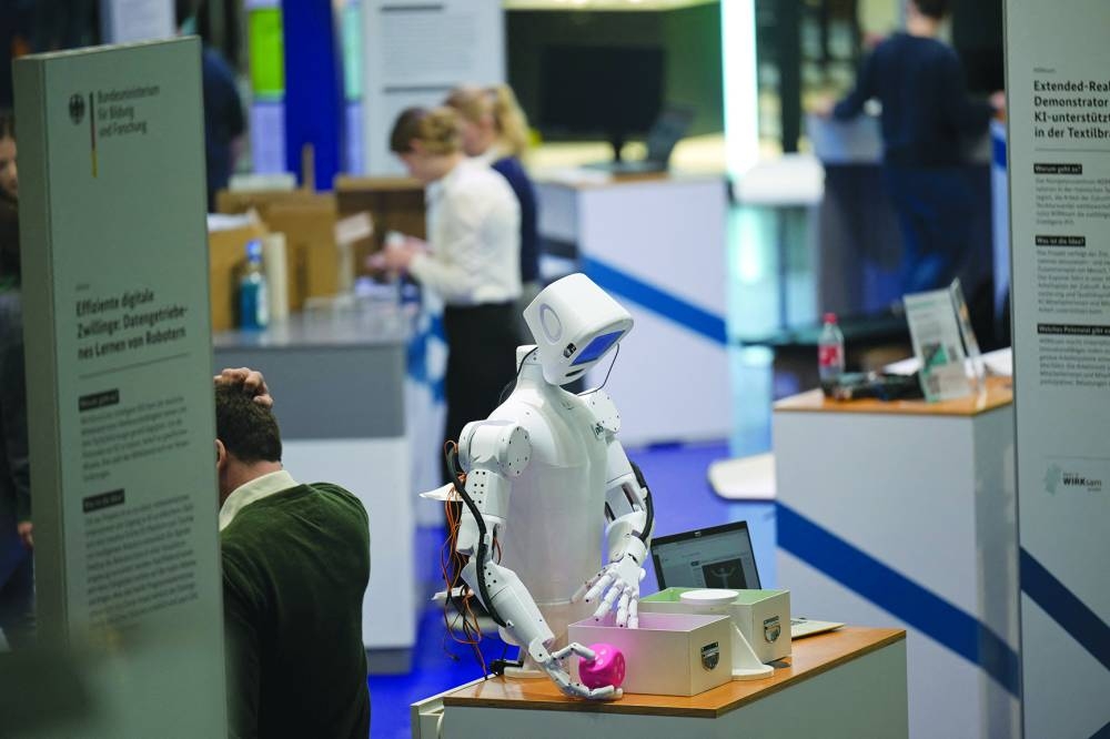 
A robot is displayed at the booth of Federal Ministry of Research and Education, as preparations continue ahead of the opening of the Hannover Messe, one of the world’s largest industrial trade fairs with this year’s partner country Canada, which, like the European Union, is similarly affected by the new US tariffs, in Hanover, Germany, on March 30, 2025.  (Reuters) 