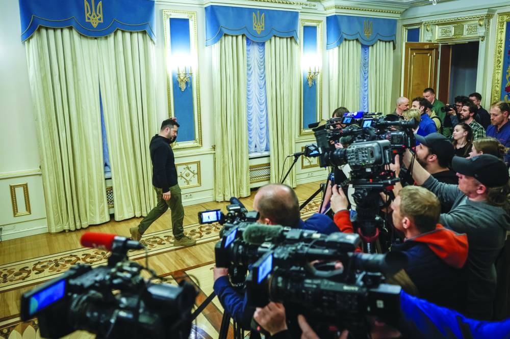 Zelensky leaves following a press conference in Kyiv. – Reuters