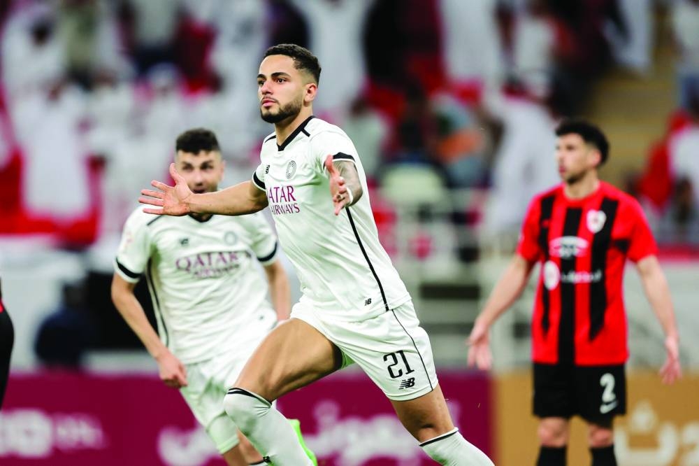 Al Sadd’s Giovani celebrates after scoring against Al Rayyan in the QSL match at Ahmad Bin Ali Stadium on Saturday.
