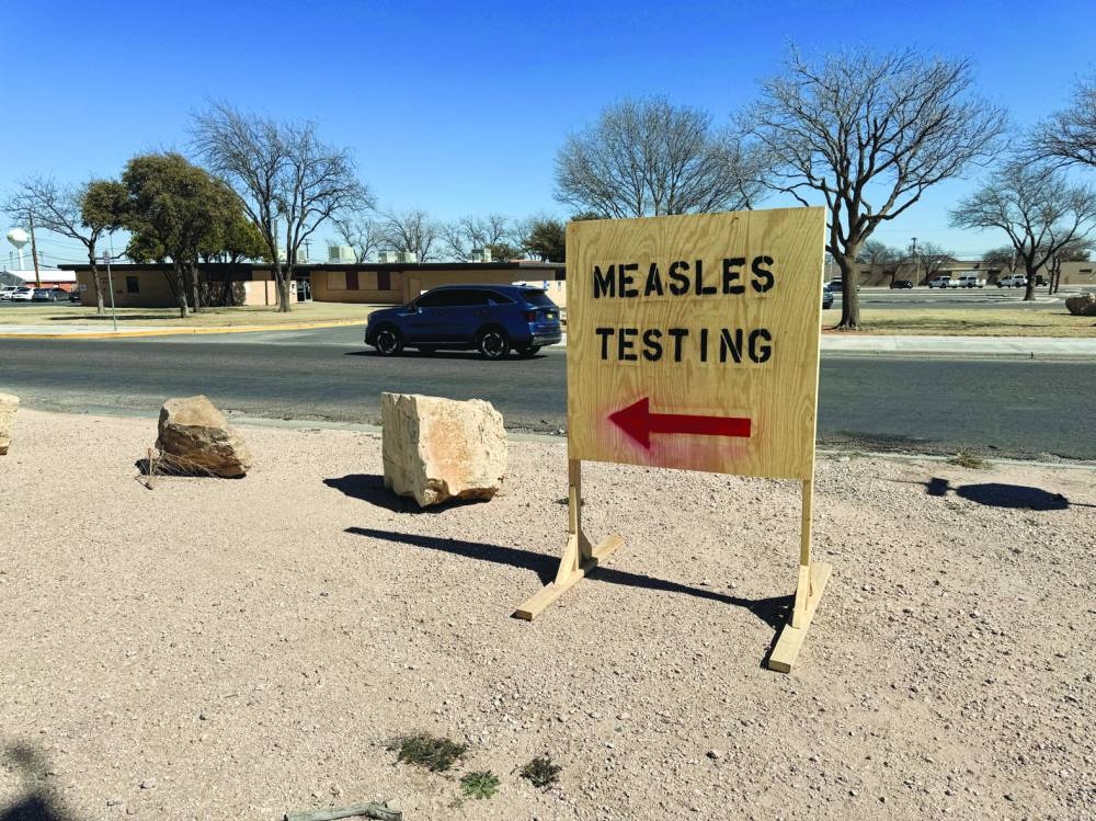 A sign reading ‘measles testing’ is seen as an outbreak in Gaines County, Texas, has raised concerns over its spread to other parts of the state. – Reuters