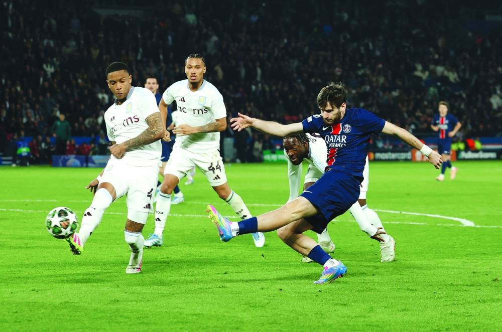 
Paris St Germain’s Khvicha Kvaratskhelia scores against Aston Villa during the Champions League quarter-final first leg match at the Parc des Princes in Paris. (Reuters) 