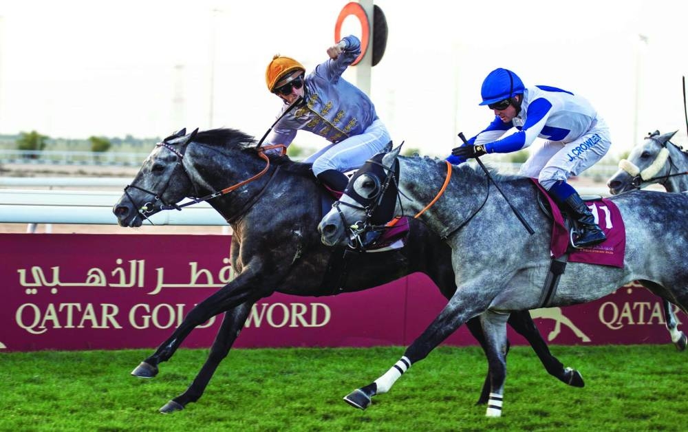 Pierre-Charles Boudot celebrates after riding five-year-old Luwsail to victory at Al Uqda Racecourse on Thursday. PICTURE: Juhaim
