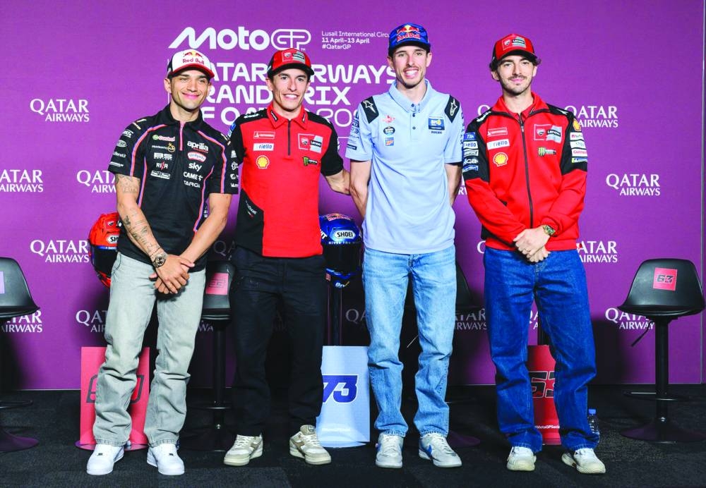 From left: Aprilia’s Jorge Martin, Ducati’s Marc Marquez, Gresini Racing’s Alex Marquez and Ducati’s Francesco Bagnaia pose after the press conference at the Lusail International Circuit on Thursday. PICTURES: Noushad Thekkayil