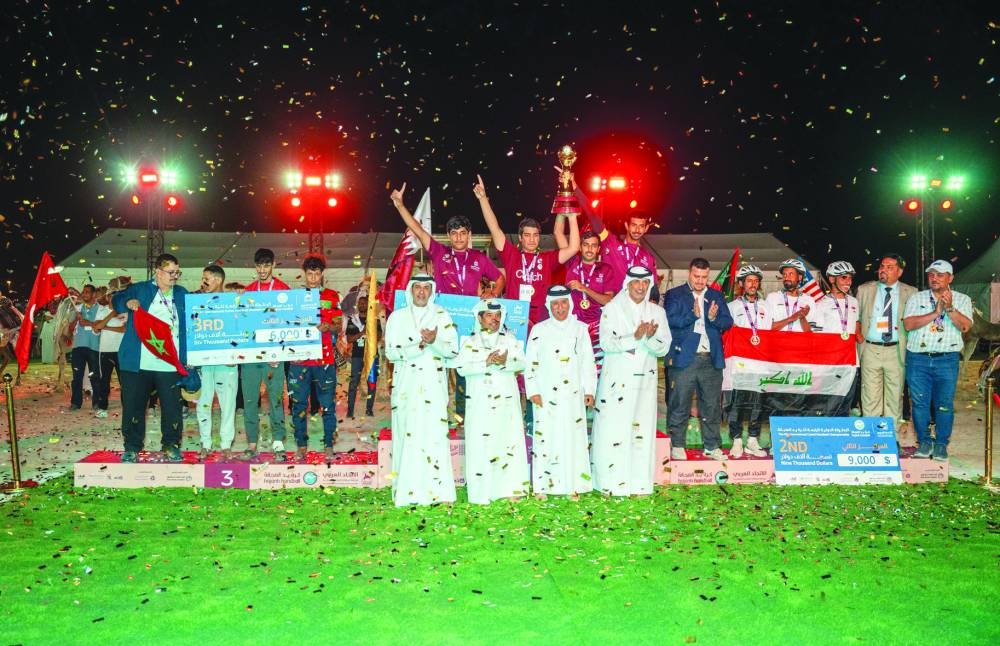 President of Arab Union for Camel Races (AUCR) Abdullah bin Mohammed al-Sheikh al-Kuwari and AUCR Secretary-General Dr Hazam al-Maqarih were joined by President of Qatar Handball Association Ahmed Mohammed al-Shaabi at the prize distribution ceremony of the 4th International Camel Handball Championship in Libsear Heritage Village, Al Shahaniya, on Sunday.