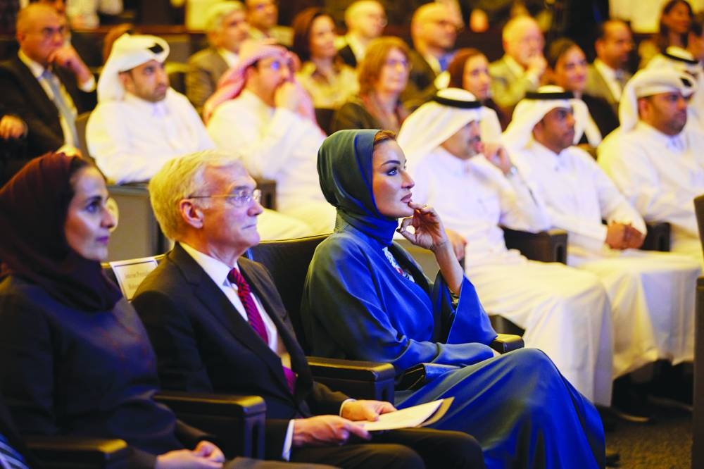 Her Highness Sheikha Moza bint Nasser, HE Sheikha Al Mayassa bint Hamad bin Khalifa al-Thani, Georgetown University's interim president Robert Groves and other dignitaries at the event. PICTURE: AR Al-Baker.