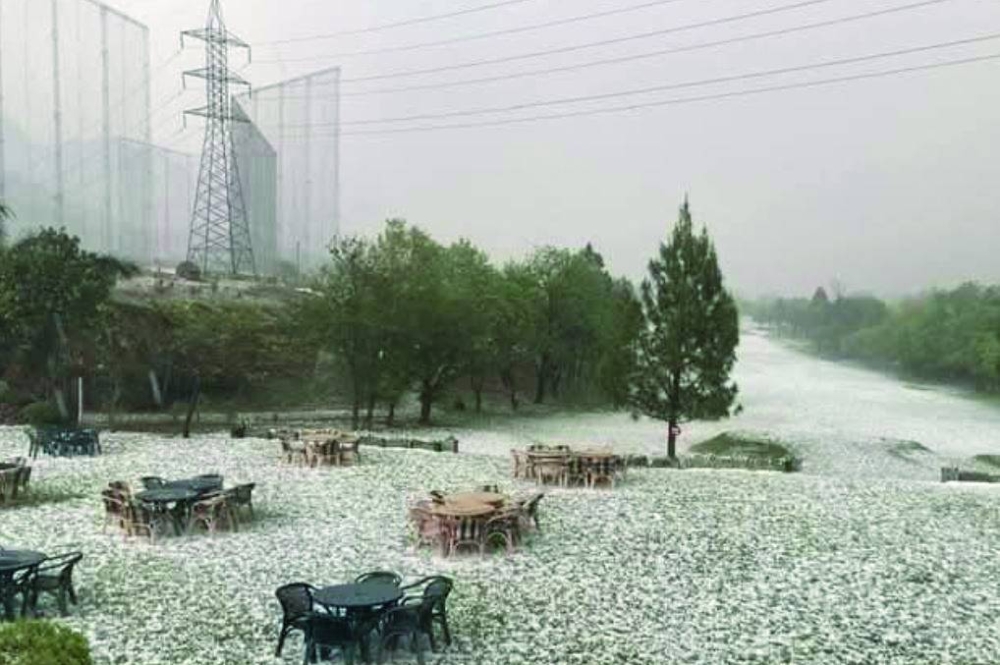 A view of an area bathed in hailstones in Pakistan's federal capital Islamabad yesterday.