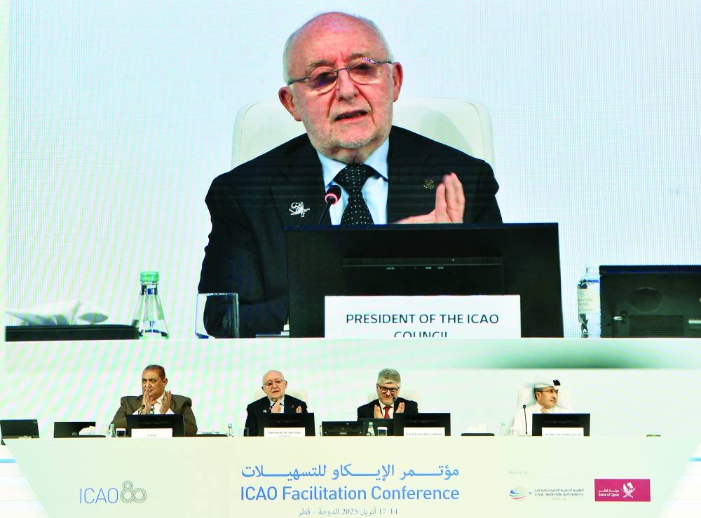 (From left) ICAO Air Transport Bureau director Mohamed Khalifa Rahma, ICAO Council president Salvatore Sciacchitano, ICAO secretary general Juan Carlos Salazar, and Mohamed Faleh al-Hajri, in charge of managing QCAA. PICTURE: Shaji Kayamkulam.