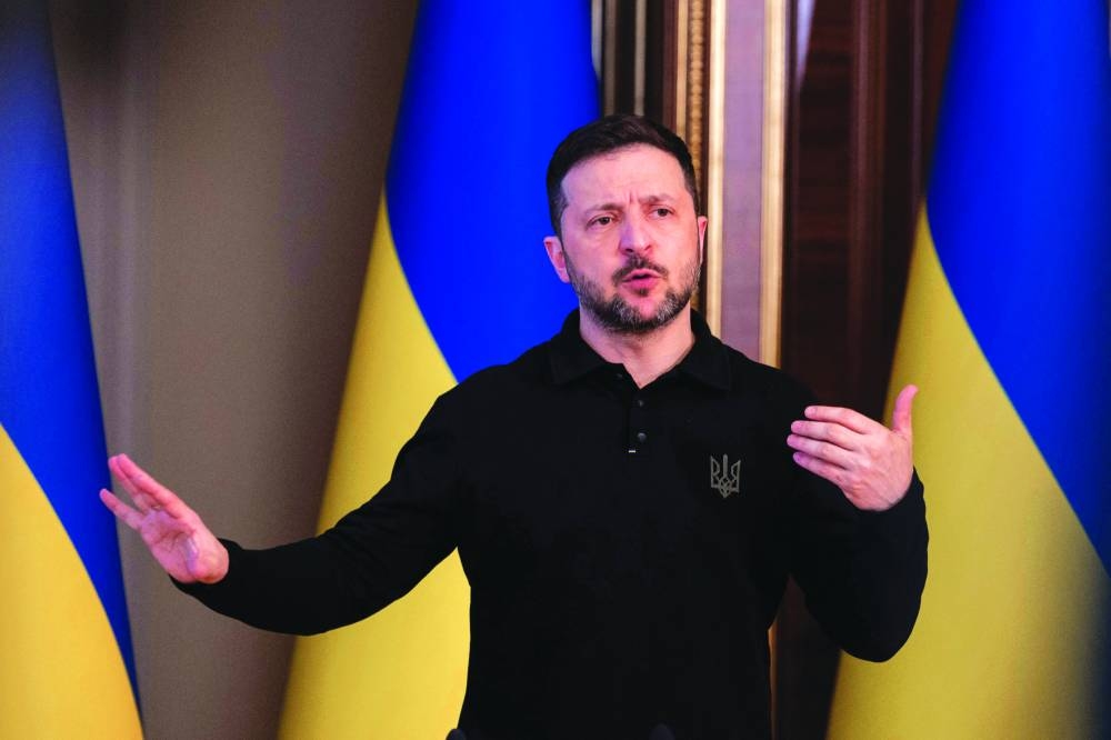 Zelensky gestures as he speaks during a press conference in Kyiv.