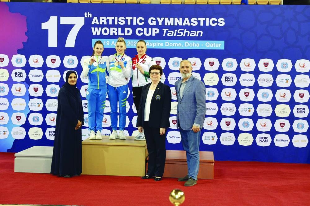 Gymnasts and officials seen after day three at the 17th edition of the Artistic Gymnastics World Cup on Friday at Aspire Dome in Doha.