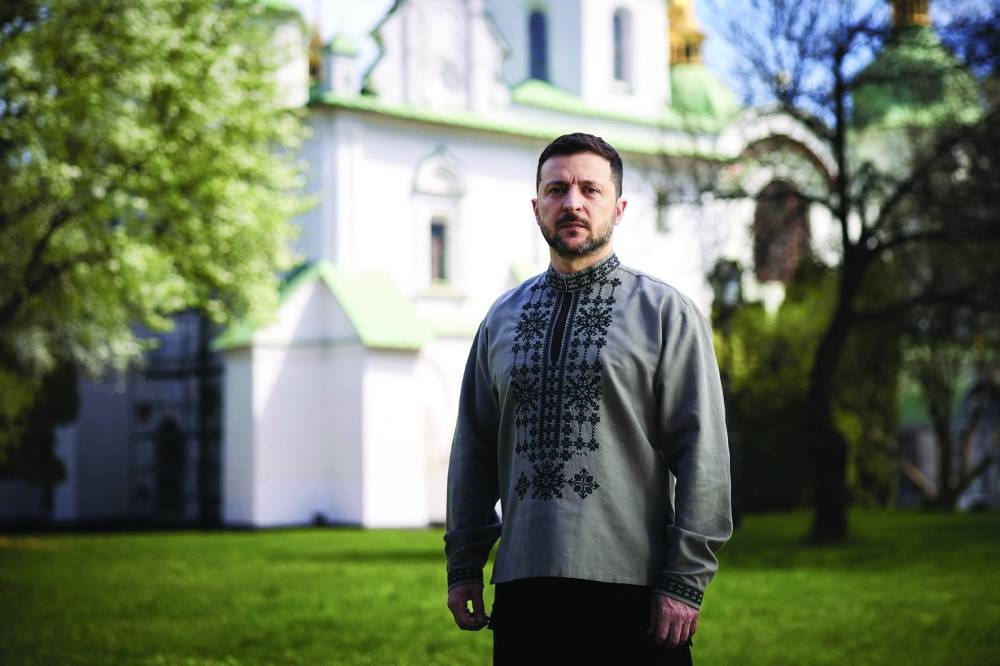 Ukrainian President Volodymyr Zelensky poses on the occasion of Easter celebrations in Kyiv on Sunday. (AFP)
