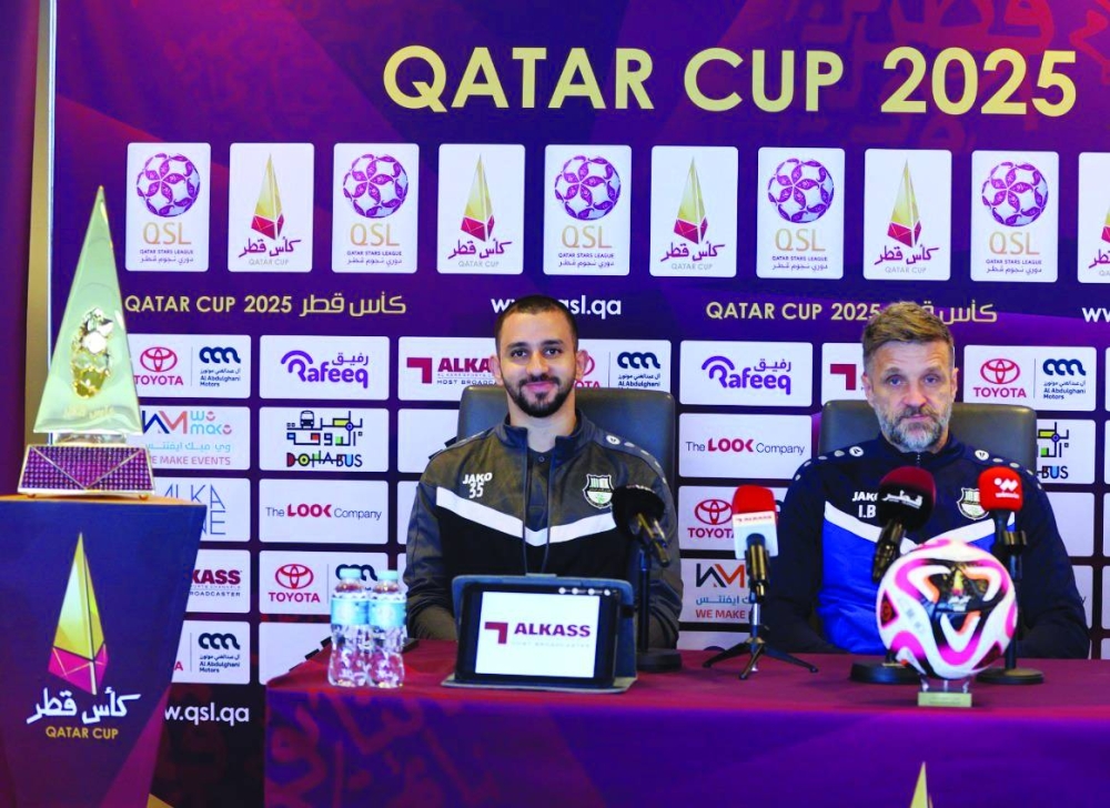 Al Ahli’s goalkeeper Marwan Sherif and coach Igor Biscan at a press conference ahead of Qatar Cup semi-final.