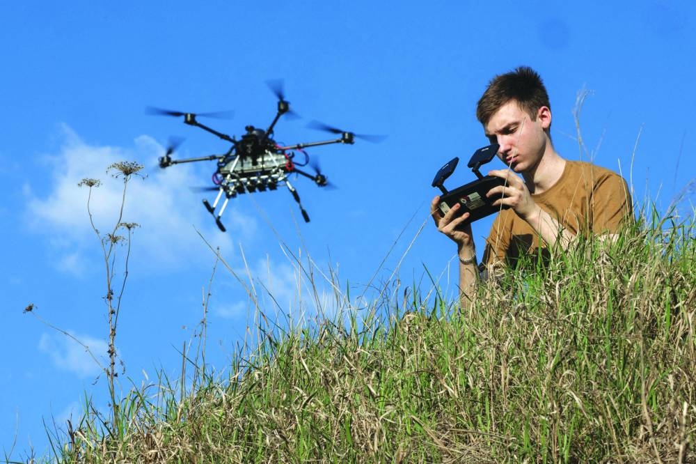 Ukrainian serviceman controls the Vampire drone during test and training flight, at an undisclosed location in the Kharkiv region, Ukraine