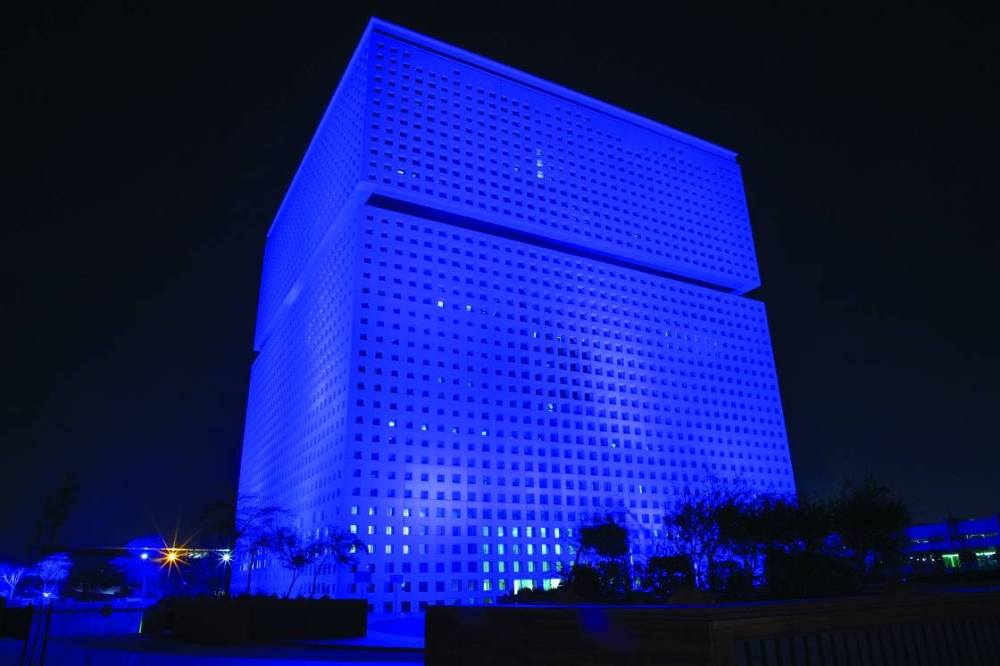 The QF headquarters lit up in blue to mark World Autism Awareness Day on April 2.
