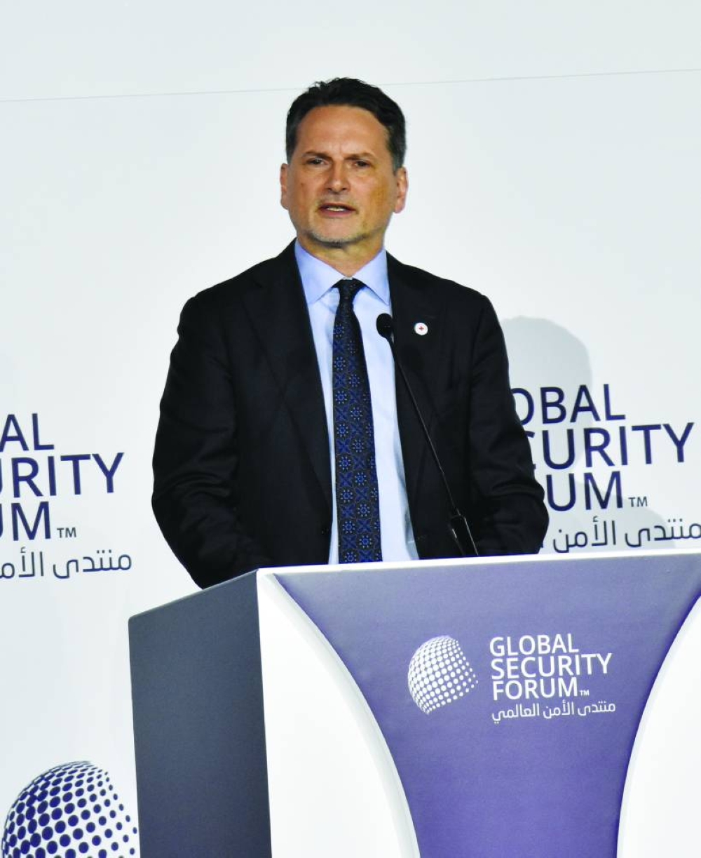 ICRC director general Pierre Krähenbühl addressing Global Security Forum 2025 on Monday in Doha. PICTURES: Thajudheen