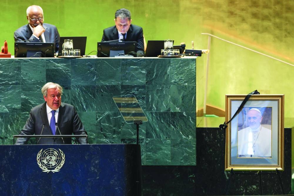 UN Secretary General Antonio Guterres speaks as the UN General Assembly Tuesday