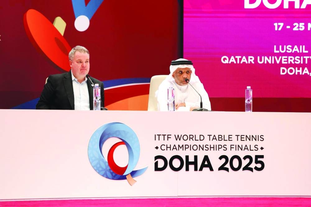 Khalil bin Ahmed Al-Mohannadi, President of the Qatar, Arab, and Asian Table Tennis Federations and First Vice-President of the ITTF, is seen with Steve Dainton, Executive Director of the ITTF, at the draw ceremony on Wednesday.