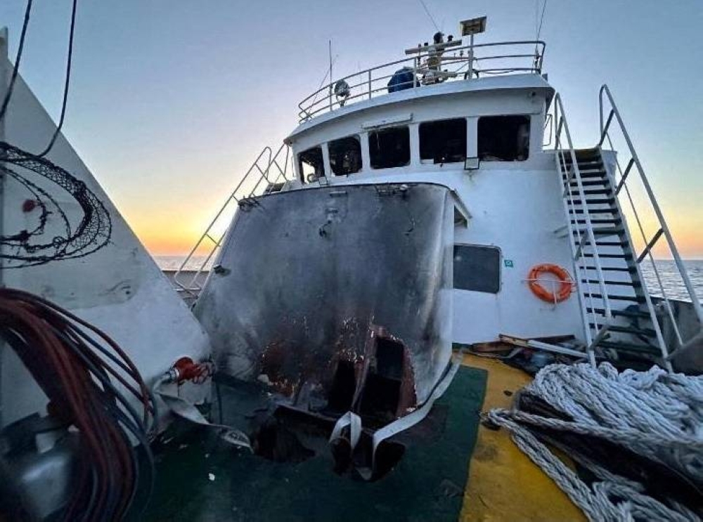 Damage is seen on the Gaza Freedom Flotilla vessel Conscience outside Maltese territorial waters in this handout picture provided by the Freedom Flotilla Coalition, on Friday. Freedom Flotilla Coalition/Handout via REUTERS