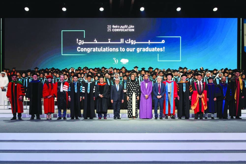 Her Highness Sheikha Moza bint Nasser, HE Sheikha Hind bint Hamad al-Thani and other dignitaries with the graduates at the 2025 Convocation ceremony. PICTURE: AR Al-Baker.