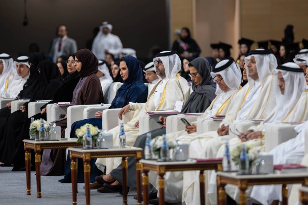 BACK PAGE PIC - His Highness the Amir's Consort Her Highness Sheikha Jawaher bint Hamad bin Suhaim al-Thani and other dignitaries at the graduation of the 48th batch of distinguished female students of the Class of 2025 yesterday.