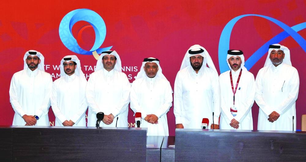 Khalil al-Mohannadi, president of Qatar Table Tennis Association (QTTA), with officials on Thursday
