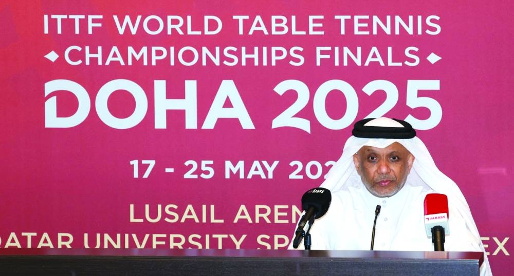 Khalil al-Mohannadi, president of Qatar Table Tennis Association (QTTA), addresses a press conference in Doha Thursday.