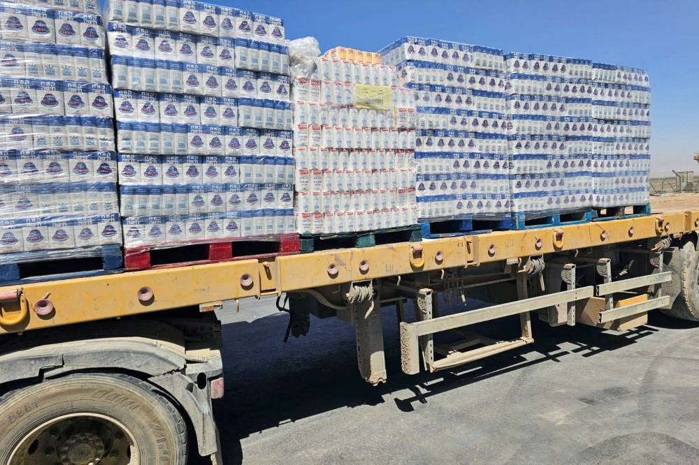 A truck loaded with aid is seen at the Kerem Shalom crossing between Israel and Gaza.