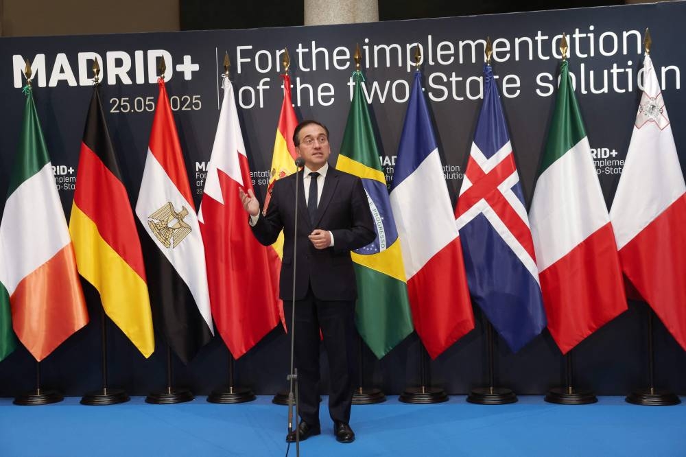 Spain's Minister of Foreign Affairs Jose Manuel Albares gives a press conference during the Madrid+ meeting of European and Arab nations in Madrid on Sunday. AFP