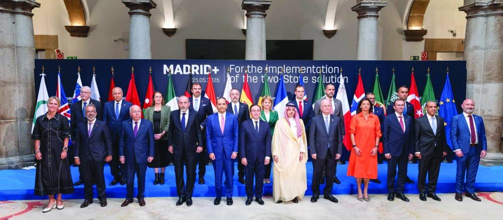 HE the Prime Minister and Minister of Foreign Affairs Sheikh Mohammed bin Abdulrahman bin Jassim al-Thani and other participants at the meeting in Madrid Sunday.