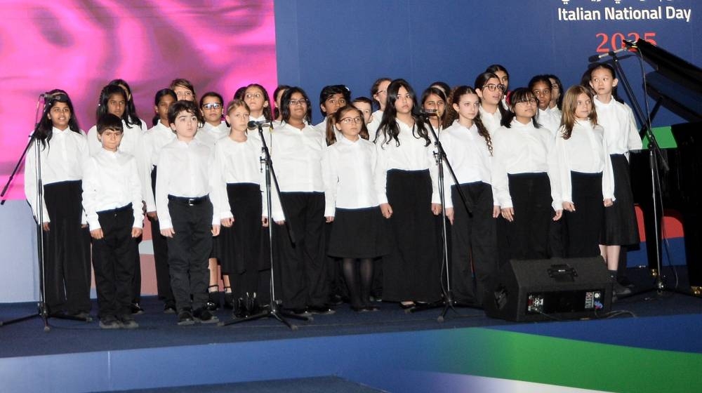 Children sing Italy's National Anthem Monday during the Italian National Day celebration in Doha, hosted by the embassy of Italy. PICTURE: Shaji Kayamkulam
