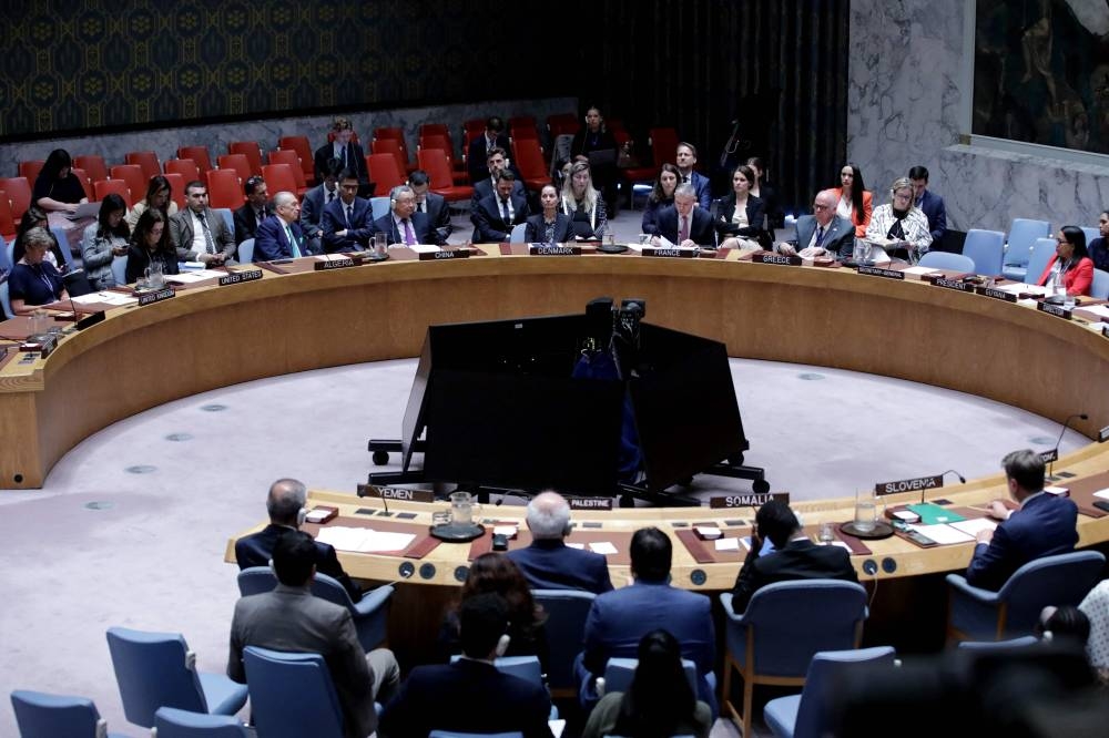 United Nations Security Council members vote on a resolution calling for a ceasefire and unrestricted humanitarian access in Gaza, at UN headquarters in New York City on Wednesday. AFP