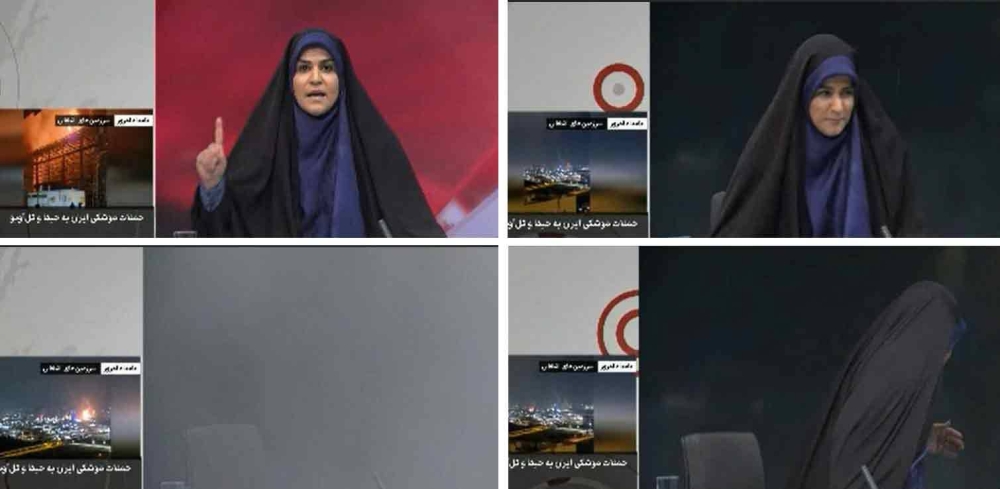 This combo of image grabs taken from footage broadcast by Iran's IRINN news on Monday shows (clockwise from left) a news reporter gesturing as she presents the news, her reaction after a loud noise, her leaving the room and her chair and microphone engulfed by smoke. IRIN /AFP