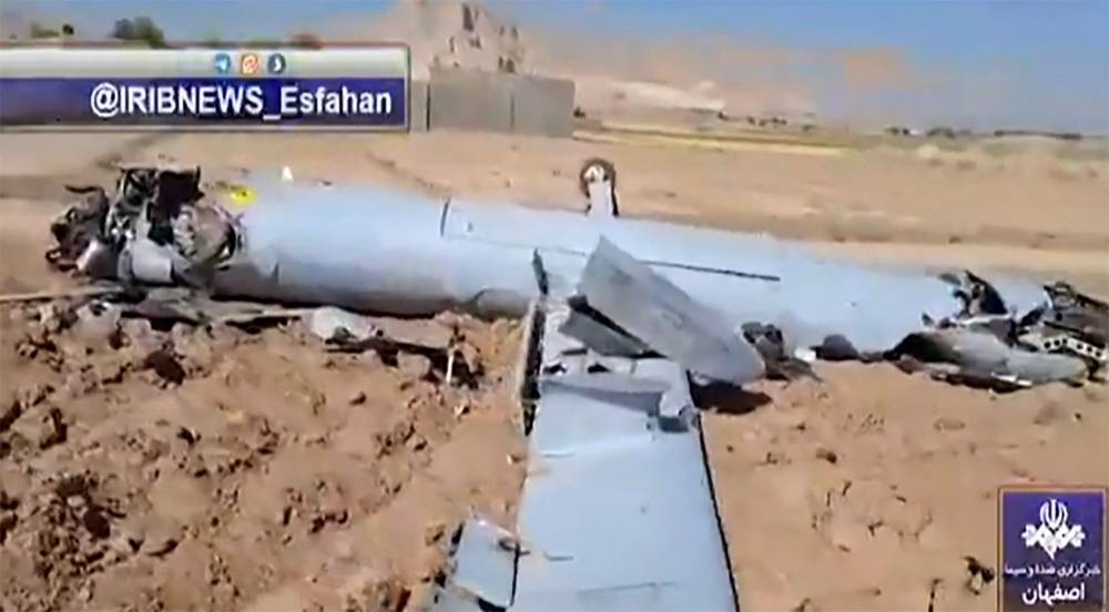 This image grab taken from footage broadcast by Iran's IRIBNEWS on Wednesday, shows the wreckage of what it said is an armed Israeli Air Force Hermes drone downed in the central city of Isfahan. AFP/IRIBNEWS