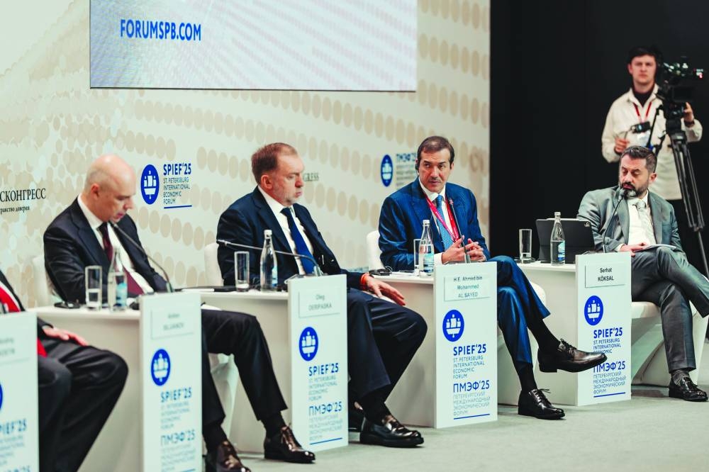 HE the Minister of State for Foreign Trade Affairs Dr Ahmed bin Mohammed al-Sayed taking part in the forum’s plenary session, attended by Russian President Vladimir Putin.