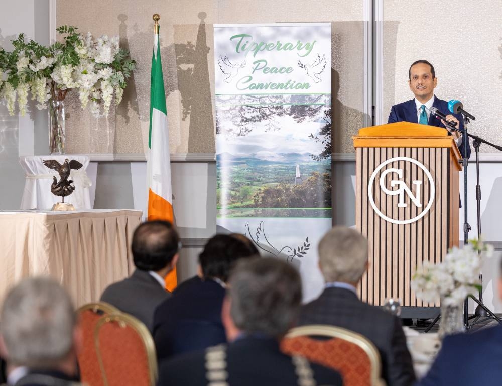 In a speech delivered Tuesday at a ceremony held in the Republic of Ireland on the occasion of receiving the Tipperary International Peace Award, HE Sheikh Mohammed noted that His Highness the Amir sees the people of the region and innocent individuals around the world as his own children, grieves for every lost soul, and believes that peace is a legacy that must be preserved.