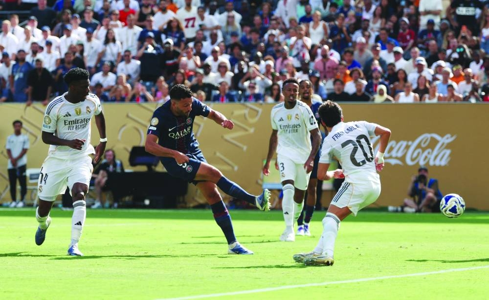 Paris St Germain's Goncalo Ramos scores his team's fourth goal in FIFA Club World Cup - Semi Final match against Real Madrid at MetLife Stadium, East Rutherford, New Jersey, US, Wednesday. 