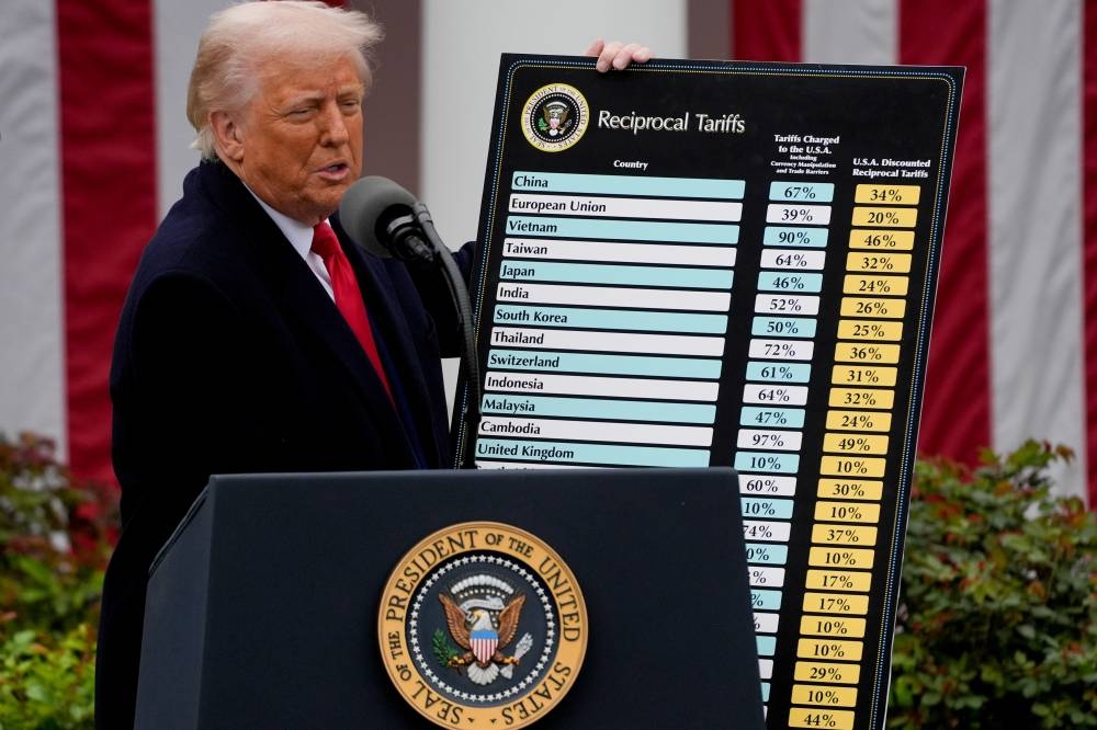 US President Donald Trump holds a poster detailing tariffs during an announcement in the White House Rose Garden on April 2. At stake is the future of trillions of dollars of global trade. Beyond that, the legal fight fits into a broader wave of lawsuits over executive orders that probe the limits of presidential authority. The outcome could also test the power of the courts to enforce their rulings if the executive branch chooses to defy judges’ orders.