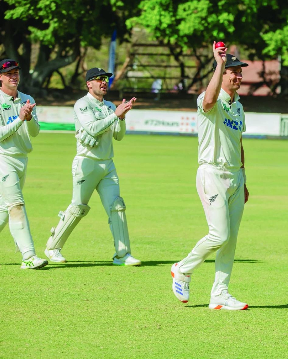 New Zealand’s Matt Henry celebrates after taking five wickets on first day of the second Test against Zimbabwe in Bulawayo Thursday.