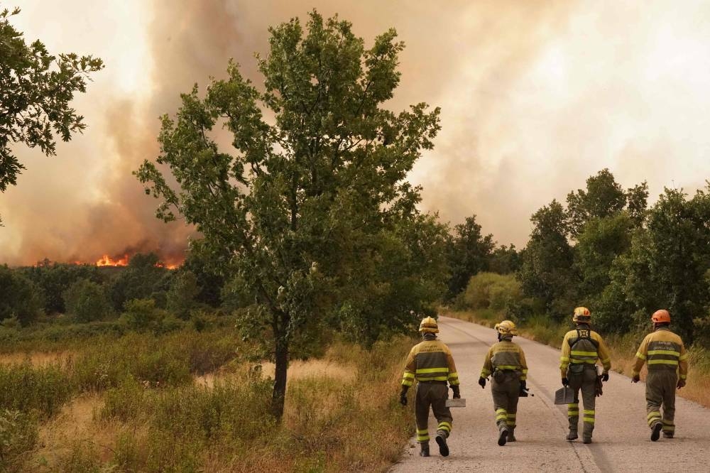 Firefighters work to extinguish a wildfire near Losacio, north of Zamora, on August 12, 2025. (AFP)