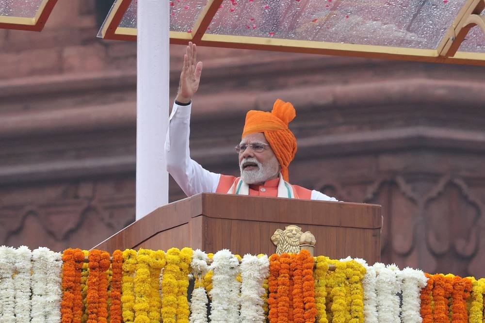 India's Prime Minister Narendra Modi addresses the nation during Independence Day celebrations at the historic Red Fort in Delhi, India, August 15, 2025. REUTERS
