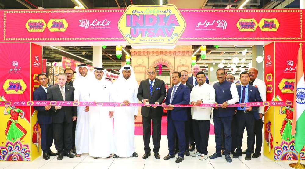 Indian ambassador Vipul leading the ribbon-cutting ceremony during the launch of ‘India Utsav 2025’ festival to commemorate the 79th Indian Independence Day. With him are LuLu Group International director Dr Mohamed Althaf, and other dignitaries. PICTURES: Shaji Kayamkulam