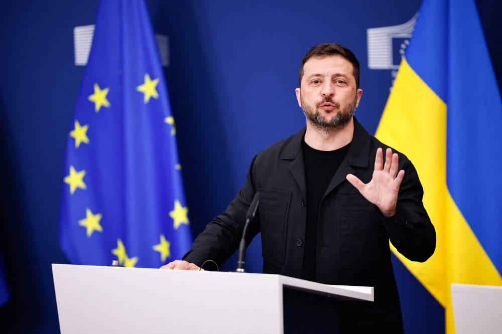 Ukraine's President Volodymyr Zelensky speaks during a joint press conference with European Commission President in Brussels, on August 17, 2025. (AFP)