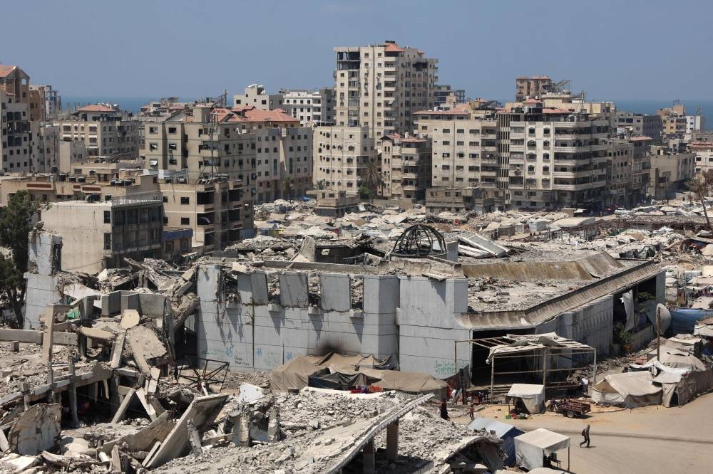 A general view shows the destroyed Rashad al-Shawa cultural center in Gaza City on August 18, 2025. (AFP)