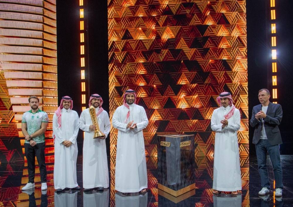 Prince Mohammed bin Salman bin Abdulaziz Al Saud, Crown Prince and Prime Minister at the crowning ceremony of the Esports World Cup 2025 with (from right to left) Ralf Reichert, CEO of the Esports World Cup Foundation; Prince Abdulaziz Bin Turki Al Faisal, Minister of Sport; Musaad Al Dossary, Co-Founder and Chairman at Team Falcons; Muhammed Almatairi, General Director at Team Falcons; Nikola Kovač, Counter-Strike 2 player at Team Falcons.