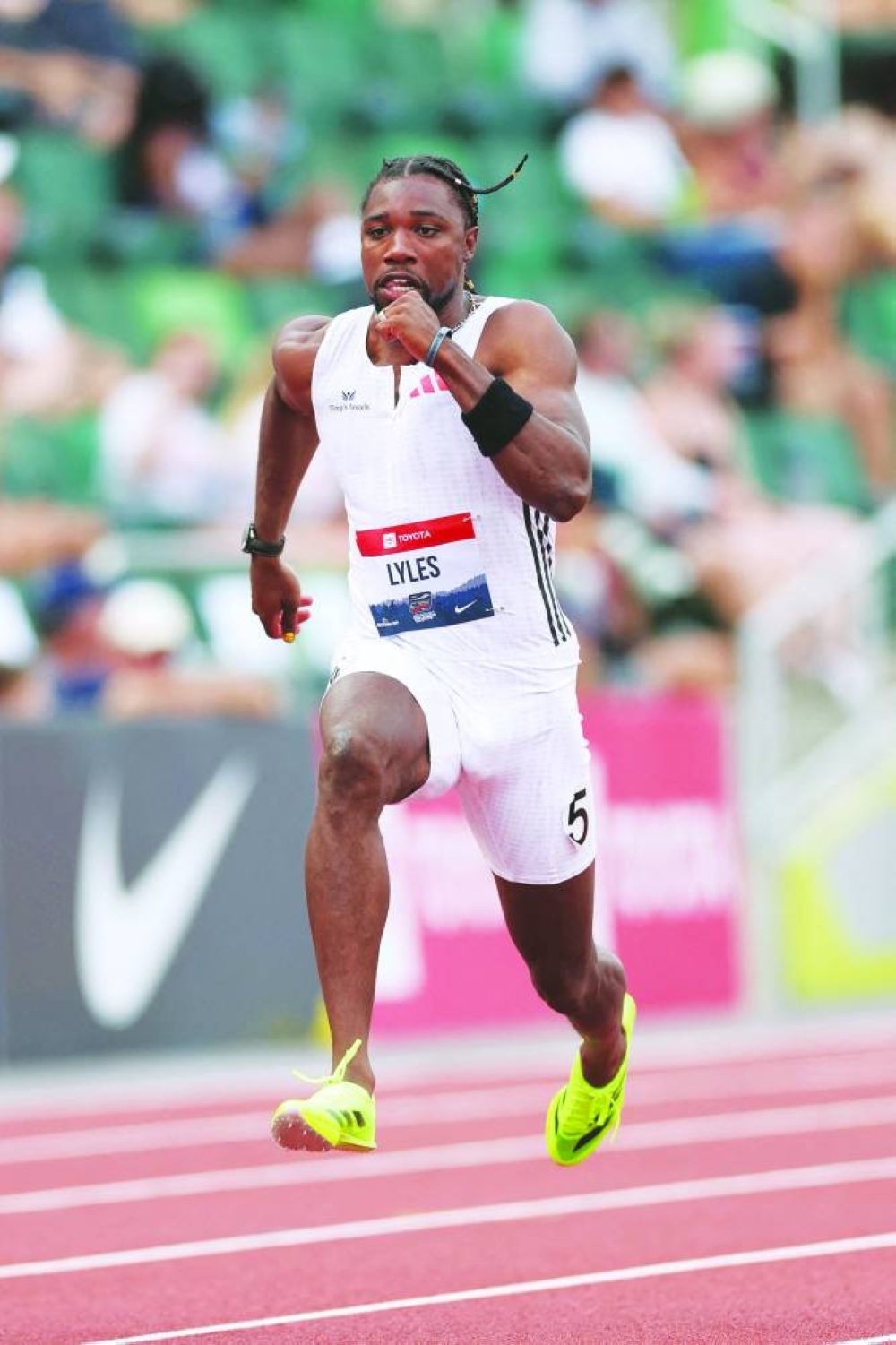 Noah Lyles competes in the Men's 100m heats during the 2025 USATF Outdoor Championships at Hayward Field on July 31, 2025 in Eugene, Oregon.   Patrick Smith/Getty Images/AFP 