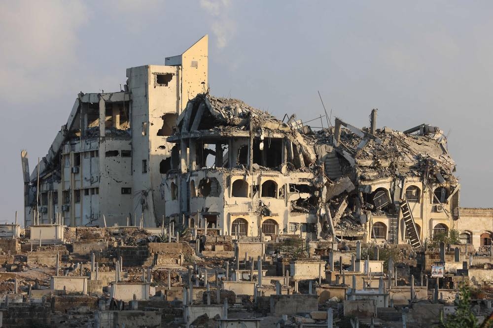 This picture shows the destroyed Gaza municipality building in Gaza City, on Tuesday. AFP